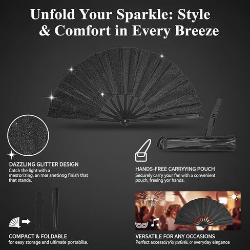 13 Inch Large Folding Fan with Holster, Clack Hand Fans for Line Dancing Festival EDM Party, Portable Foldable Boots on the Ground Fan for Women Men, Party Decoration in Saudi Arabia