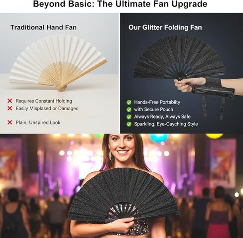 13 Inch Large Folding Fan with Holster, Clack Hand Fans for Line Dancing Festival EDM Party, Portable Foldable Boots on the Ground Fan for Women Men, Party Decoration in Saudi Arabia