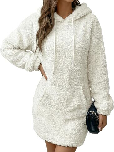 فستان بقلنسوة للنساء بلوفر صوف قابل للتمدد وسويت شيرت بجيوب وغطاء للرأس in Kuwait