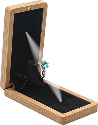 صندوق خاتم الخطوبة الخشبي لاقتراح صندوق هدايا مجوهرات عيد الحب، صندوق خاتم خشبي دوار ليوم الزفاف مع تغليف هدايا بإضاءة LED (بلوط أسود (لمسة نهائية مطلية)) in Kuwait