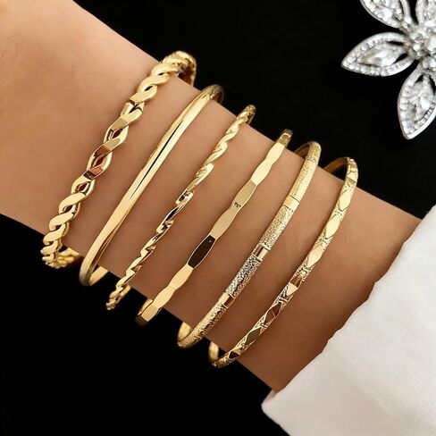 6 Pcs Gold Layering Bracelets Set For Women Dainty Thin Bangles Minimalist Chain Jewelry Everyday Accessories (Pack of 1) in Saudi Arabia