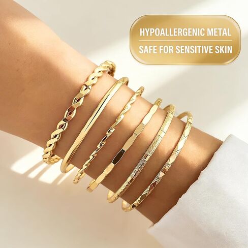 6 Pcs Gold Layering Bracelets Set For Women Dainty Thin Bangles Minimalist Chain Jewelry Everyday Accessories (Pack of 1) in Saudi Arabia