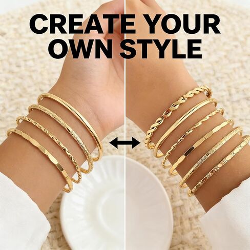 6 Pcs Gold Layering Bracelets Set For Women Dainty Thin Bangles Minimalist Chain Jewelry Everyday Accessories (Pack of 1) in Saudi Arabia