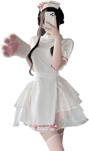 sexy nurse lingerie for women costume outfit Tulle Dress Uniform Anime Roleplay Cosplay Babydoll Perfect for Halloween Party skirt hat Headpiece Bodysuit Set with Headband White in Saudi Arabia