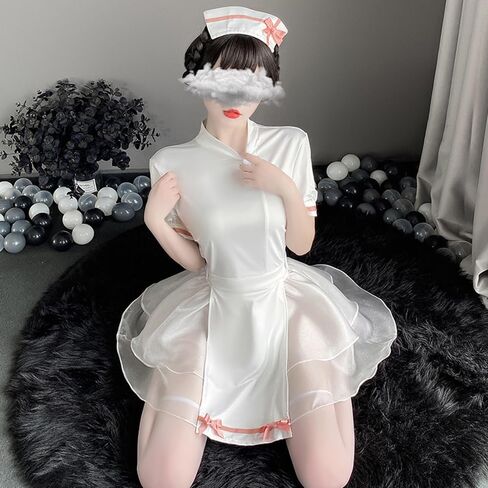sexy nurse lingerie for women costume outfit Tulle Dress Uniform Anime Roleplay Cosplay Babydoll Perfect for Halloween Party skirt hat Headpiece Bodysuit Set with Headband White in Saudi Arabia