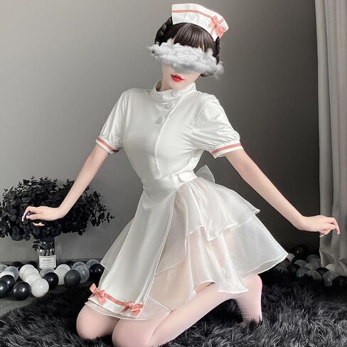 sexy nurse lingerie for women costume outfit Tulle Dress Uniform Anime Roleplay Cosplay Babydoll Perfect for Halloween Party skirt hat Headpiece Bodysuit Set with Headband White in Saudi Arabia