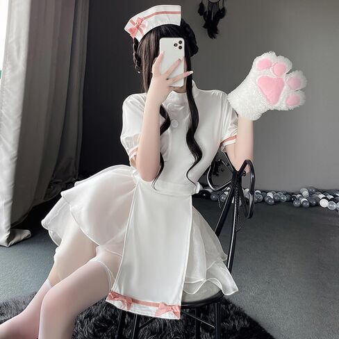 sexy nurse lingerie for women costume outfit Tulle Dress Uniform Anime Roleplay Cosplay Babydoll Perfect for Halloween Party skirt hat Headpiece Bodysuit Set with Headband White in Saudi Arabia