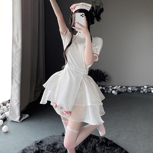 sexy nurse lingerie for women costume outfit Tulle Dress Uniform Anime Roleplay Cosplay Babydoll Perfect for Halloween Party skirt hat Headpiece Bodysuit Set with Headband White in Saudi Arabia