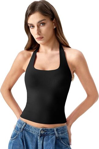 QINSEN Womens Halter Top Double Lined Tank Top Sleeveless Open Back Slim fit Going Out Tops in Saudi Arabia