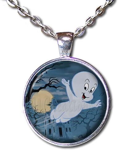 Fun Halloween Design Casper Friendly Ghost - Handmade ROUND Glass Pendant Necklace Jewelry in Saudi Arabia
