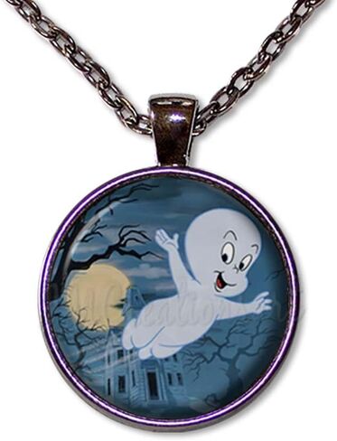 Fun Halloween Design Casper Friendly Ghost - Handmade ROUND Glass Pendant Necklace Jewelry in Saudi Arabia