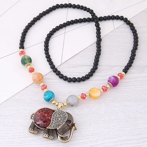 AKOAK Bohemian Long Black Beaded Chain Elephant Pendant Necklace in Saudi Arabia