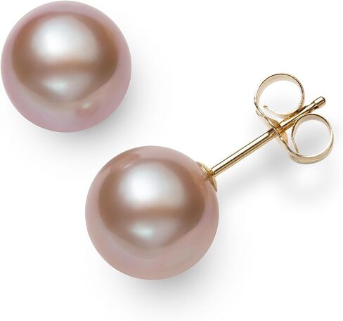 Belacqua AAA Quality Pink Cultured Freshwater Round Real Pearl Stud Earrings in 14K Yellow Gold, 7.0-7.5mm Pearls Size, Push Back Clasp, Pearl Jewelry for Women, Gift Box Included in Saudi Arabia