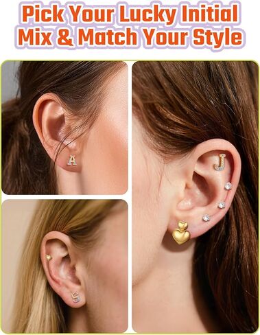 14K Gold Plated Initial Earrings Studs with 5A Cubic Zirconia, Sterling Silver Post Push Backs CZ Simulated Diamond Hypoallergenic Alphabet Letter Studs for Women Jewelry Gifts Initial A-Z in Saudi Arabia