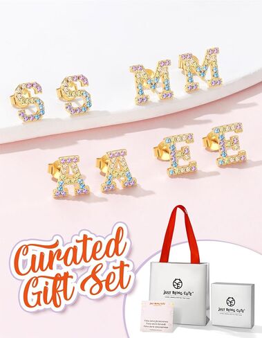 14K Gold Plated Initial Earrings Studs with 5A Cubic Zirconia, Sterling Silver Post Push Backs CZ Simulated Diamond Hypoallergenic Alphabet Letter Studs for Women Jewelry Gifts Initial A-Z in Saudi Arabia