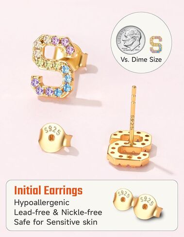 14K Gold Plated Initial Earrings Studs with 5A Cubic Zirconia, Sterling Silver Post Push Backs CZ Simulated Diamond Hypoallergenic Alphabet Letter Studs for Women Jewelry Gifts Initial A-Z in Saudi Arabia