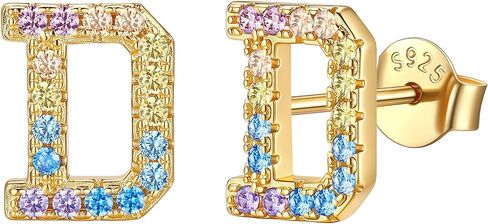 14K Gold Plated Initial Earrings Studs with 5A Cubic Zirconia, Sterling Silver Post Push Backs CZ Simulated Diamond Hypoallergenic Alphabet Letter Studs for Women Jewelry Gifts Initial A-Z in Saudi Arabia