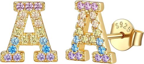 14K Gold Plated Initial Earrings Studs with 5A Cubic Zirconia, Sterling Silver Post Push Backs CZ Simulated Diamond Hypoallergenic Alphabet Letter Studs for Women Jewelry Gifts Initial A-Z in Saudi Arabia