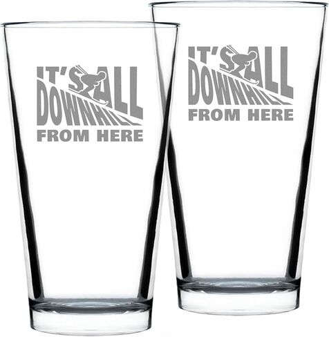 It's All Downhill From Here - Pint Glass for Beer - Unique Skiing Themed Decor and Gifts for Mountain Lovers - 16 oz Glasses in Saudi Arabia