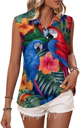 ENLACHIC Womens Sleeveless Polo Shirts Hawaiian Floral Print Collared V Neck Tank Tops Tennis Golf Shirt in Saudi Arabia