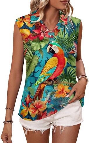 ENLACHIC Womens Sleeveless Polo Shirts Hawaiian Floral Print Collared V Neck Tank Tops Tennis Golf Shirt in Saudi Arabia