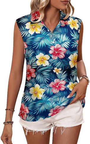 ENLACHIC Womens Sleeveless Polo Shirts Hawaiian Floral Print Collared V Neck Tank Tops Tennis Golf Shirt in Saudi Arabia