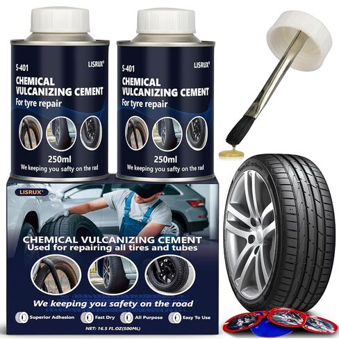 أسمنت الفلكنة الكيميائي 16.5 أونصة سائلة، غراء إصلاح الإطارات لجميع الأغراض، أسمنت مطاطي سريع الجفاف، طقم تصحيح الإطارات مع فرشاة علوية و20 رقعة إصلاح الإطارات، مثالي للسيارة والدراجة النارية والدراجة in Kuwait