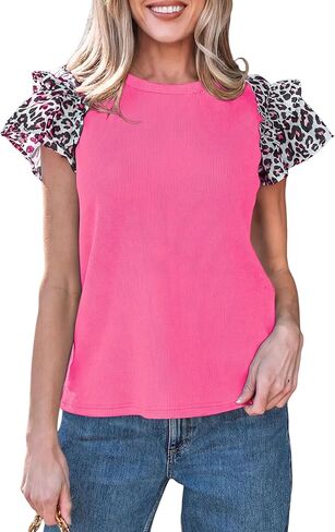 SELINK Womens Ruffle Short Sleeve Summer Tops Plaid Pearl Crewneck T Shirts Casual Blouses in Saudi Arabia