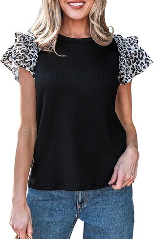 SELINK Womens Ruffle Short Sleeve Summer Tops Plaid Pearl Crewneck T Shirts Casual Blouses in Saudi Arabia