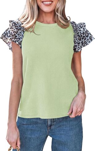 SELINK Womens Ruffle Short Sleeve Summer Tops Plaid Pearl Crewneck T Shirts Casual Blouses in Saudi Arabia