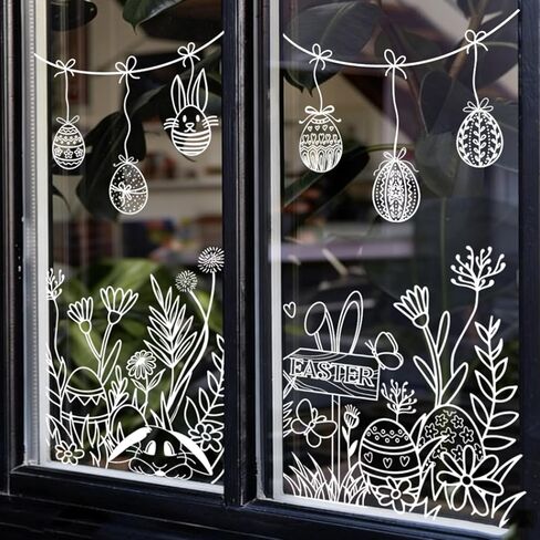 Whaline Easter Window Clings Double Sided White Spring Floral Egg Bunny Rabbit Flower Glass Decal Stickers for Home Classroom Office Party Decoration, 2 Sheets in Saudi Arabia