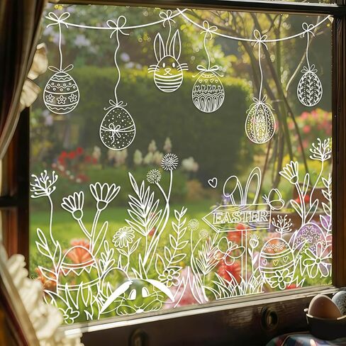 Whaline Easter Window Clings Double Sided White Spring Floral Egg Bunny Rabbit Flower Glass Decal Stickers for Home Classroom Office Party Decoration, 2 Sheets in Saudi Arabia