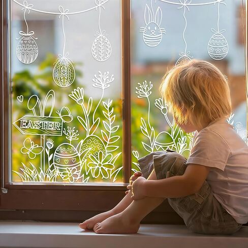 Whaline Easter Window Clings Double Sided White Spring Floral Egg Bunny Rabbit Flower Glass Decal Stickers for Home Classroom Office Party Decoration, 2 Sheets in Saudi Arabia