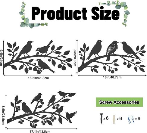 VeyFolzin.st 3Pcs Metal Birds Wall Art, Metal Vivid Birds on Branch Silhouette Wall Decor Black Leaves with Bird Outdoor Hanging Wall Sculpture for Home Balcony Garden (Black ABC) in Saudi Arabia