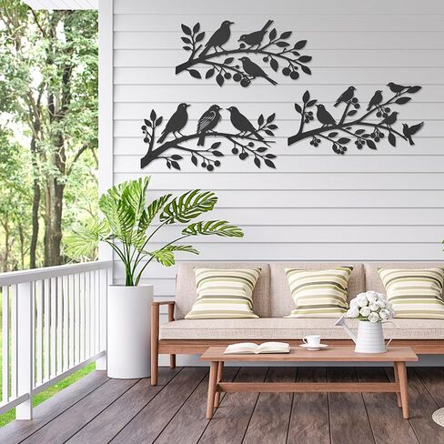 VeyFolzin.st 3Pcs Metal Birds Wall Art, Metal Vivid Birds on Branch Silhouette Wall Decor Black Leaves with Bird Outdoor Hanging Wall Sculpture for Home Balcony Garden (Black ABC) in Saudi Arabia