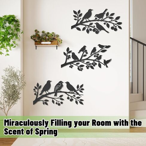 VeyFolzin.st 3Pcs Metal Birds Wall Art, Metal Vivid Birds on Branch Silhouette Wall Decor Black Leaves with Bird Outdoor Hanging Wall Sculpture for Home Balcony Garden (Black ABC) in Saudi Arabia