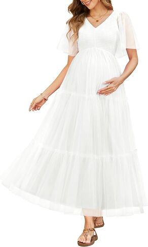 Maternity Photoshoot Dress-Baby Shower 2026 Pregnancy Summer Maxi Flutter Sleeve Mesh Dress in Saudi Arabia