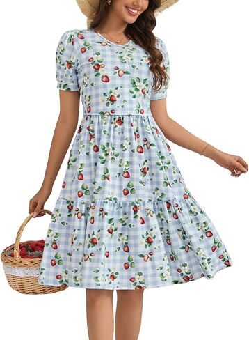 فساتين الرضاعة النسائية للرضاعة الطبيعية من القطن بأكمام قصيرة وطبقات متوسطة الطول مع جيوب in Kuwait