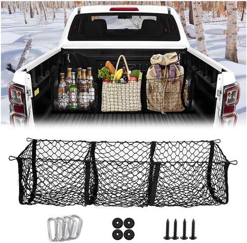 شبكة شحن لسرير الشاحنة 3 جيوب لسيارة Ford F-100 F-150 F-150 Lightning F-250 F-300 F-350 F-450 F-550 Ranger Maverick، منظم تخزين خلفي مرن قابل للتعديل، شبكة تخزين شبكية عالمية in Kuwait