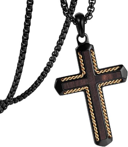 Wooden Cross Necklace for Men -Black Ebony Stainless Steel Adjustable Box Chain 24-26in, Spiritual Jewelry Gift for Him, Everyday Wear in Kuwait