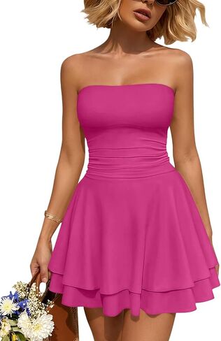 Trendy Queen Mini Dresses for Women Short Tube Top Dress Summer Date Night Outfits 2026 Ruffle Rompers Going Out in Saudi Arabia