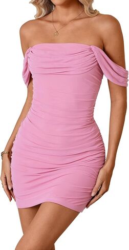 LovelyWholesale Off The Shoulder Mini Dress Sexy Mesh Bodycon Ruched Dresses Cocktail Party Club in Saudi Arabia