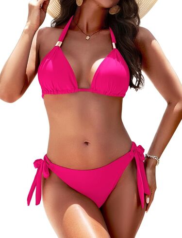 Zonsaoja Women Two Piece Triangle Bikini Swimsuits Gold Metal Halter Bathing Suits Cheeky String Bikini Sets in Saudi Arabia