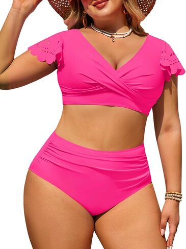 Womens Plus Size Two Piece Bikini Swimsuits Tummy Control Bathing Suits Retro V Neck Cutout Ruffled Swimwear 2026 in Saudi Arabia