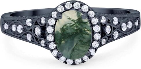 OMRANII Art Deco Ring Oval Natural Green Moss Agate Vintage Style Halo Cluster CZ Wedding Engagement Rings For Women 925 Sterling Silver Gift For Her in Saudi Arabia