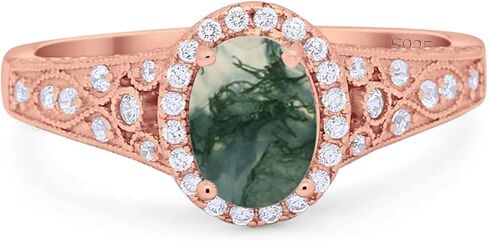 OMRANII Art Deco Ring Oval Natural Green Moss Agate Vintage Style Halo Cluster CZ Wedding Engagement Rings For Women 925 Sterling Silver Gift For Her in Saudi Arabia