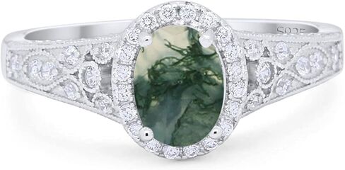 OMRANII Art Deco Ring Oval Natural Green Moss Agate Vintage Style Halo Cluster CZ Wedding Engagement Rings For Women 925 Sterling Silver Gift For Her in Saudi Arabia
