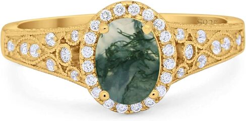 OMRANII Art Deco Ring Oval Natural Green Moss Agate Vintage Style Halo Cluster CZ Wedding Engagement Rings For Women 925 Sterling Silver Gift For Her in Saudi Arabia