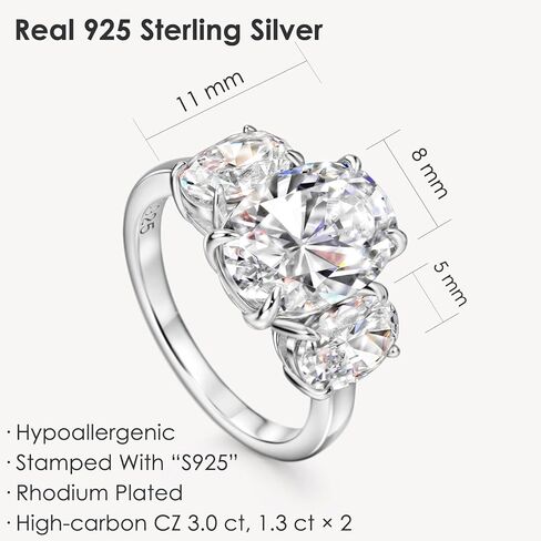 Michooyel Sterling Silver 3-Stones Engagement Ring Oval Cut 5.6cttw Cubic Zirconia Women Rings in Saudi Arabia