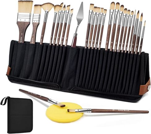 27pcs Paint Brush Set, Professional Acrylic & Watercolor Brushes with Flat, Filbert, Fan, Dagger, Cat Tongue, Round, and Palette Knife for Oil, Face Painting, and Travel Use in Saudi Arabia